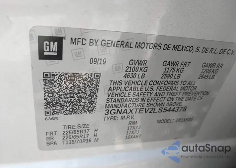 2020 Chevrolet Equinox Lt z USA, uszkodzony, nr VIN 3GNAXTEV2LS544378